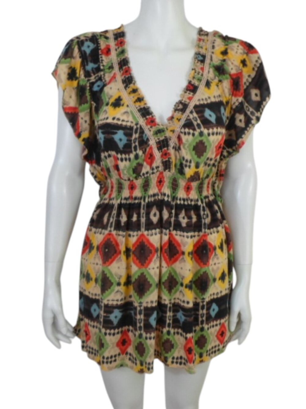 Live and Let Live Multicolor Boho Geo Tribal V-Neck Short Sleeve Tunic Top